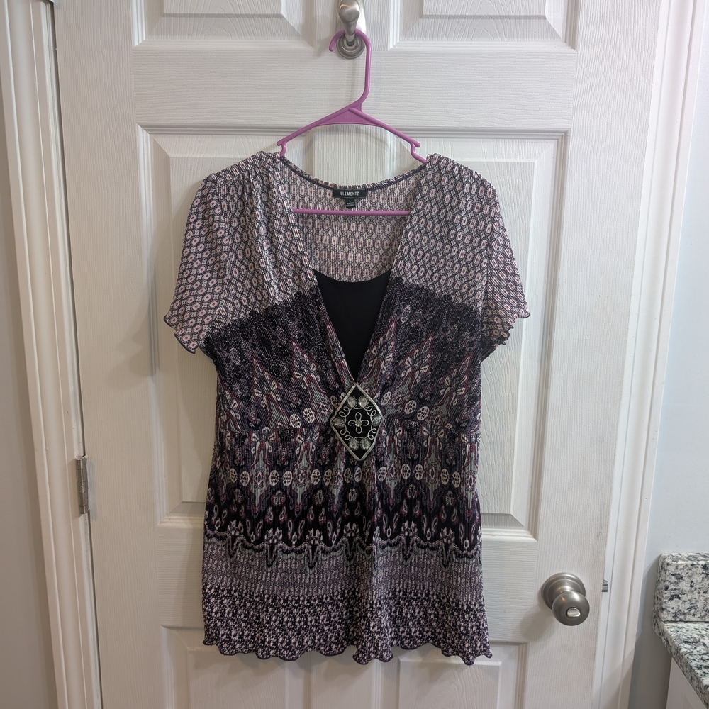 Elementz Pleated Ruffles Tunic Boho With Embellishment Short Sleeve - Size L
